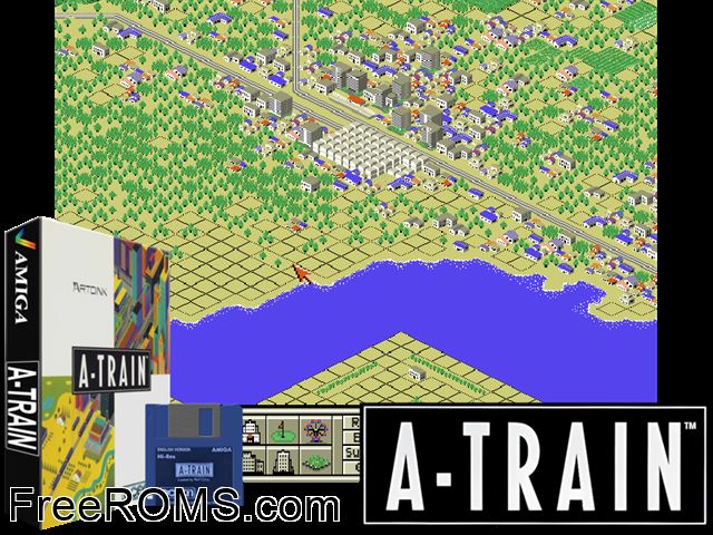 A-train Amiga game showing 3D box cover and gameplay screenshot