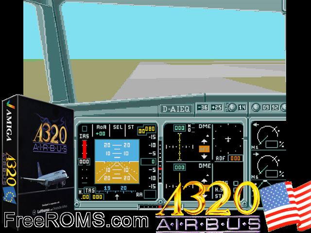A320 Airbus Amiga game showing 3D box cover and gameplay screenshot