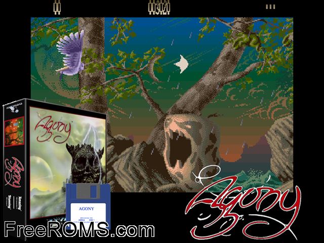 Agony Amiga game showing 3D box cover and gameplay screenshot