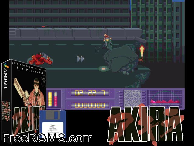 Akira Amiga game showing 3D box cover and gameplay screenshot