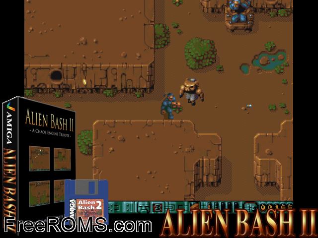 Alien Bash 2 Amiga game showing 3D box cover and gameplay screenshot