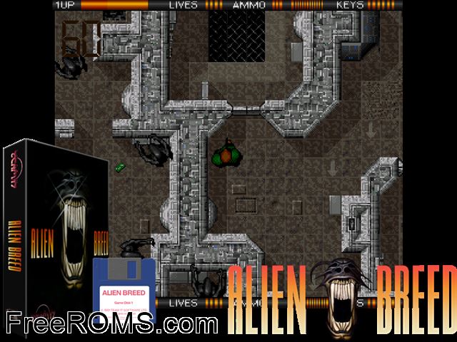 Alien Breed Amiga game showing 3D box cover and gameplay screenshot