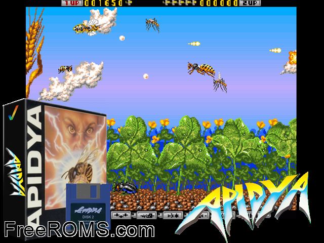 Apidya Amiga game showing 3D box cover and gameplay screenshot