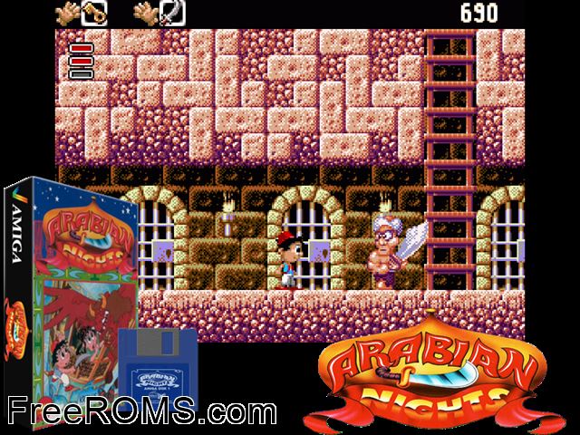 Arabian Nights Amiga game showing 3D box cover and gameplay screenshot