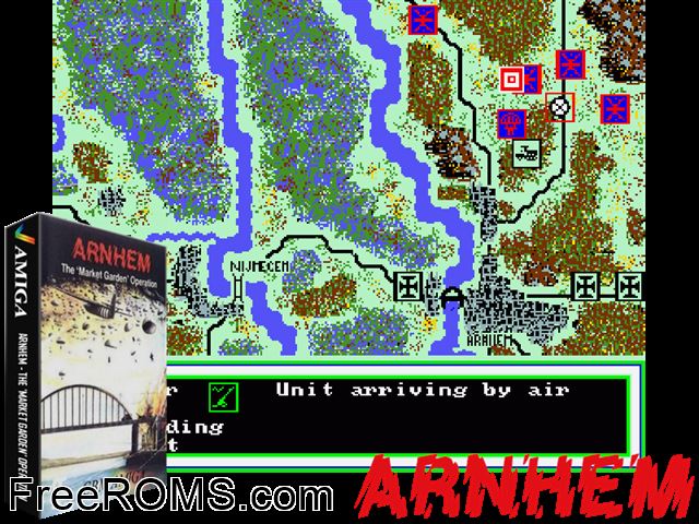 Arnhem Amiga game showing 3D box cover and gameplay screenshot