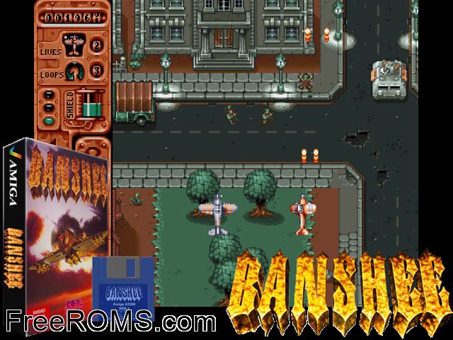 Banshee AGA Amiga game showing 3D box cover and gameplay screenshot