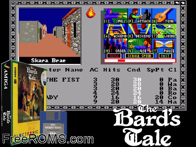 Bards Tale Amiga game showing 3D box cover and gameplay screenshot