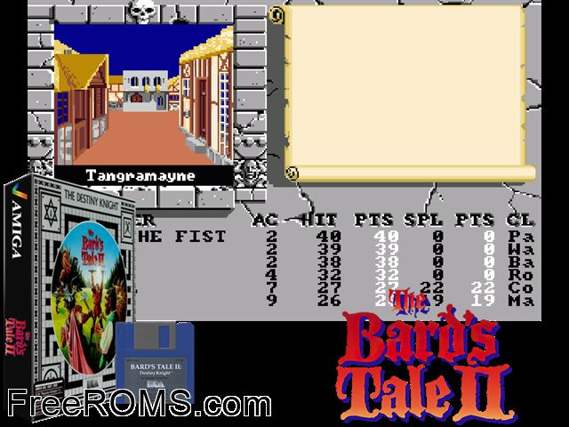 Bards Tale 2 Amiga game showing 3D box cover and gameplay screenshot