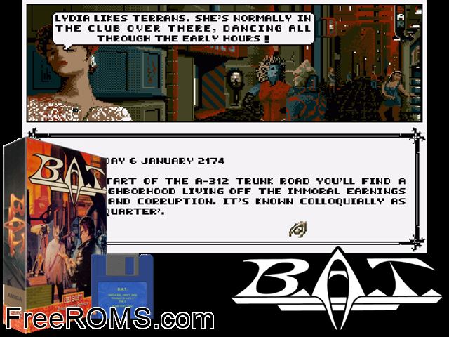 BAT Amiga game showing 3D box cover and gameplay screenshot