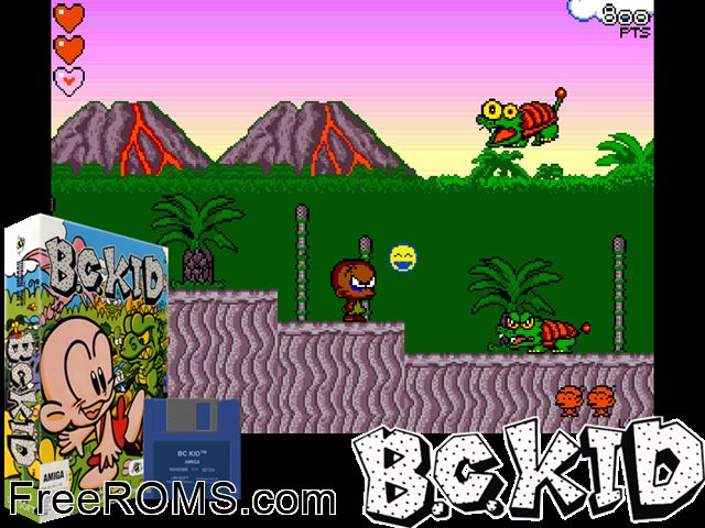 BC Kid Amiga game showing 3D box cover and gameplay screenshot