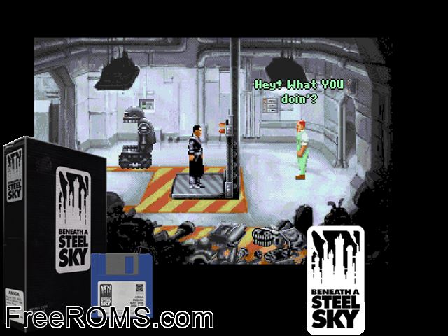 Beneath Steel Sky Amiga game showing 3D box cover and gameplay screenshot