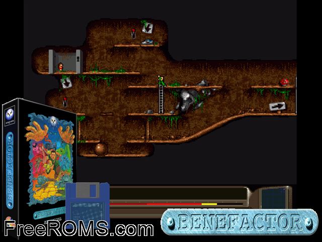Benefactor Amiga game showing 3D box cover and gameplay screenshot