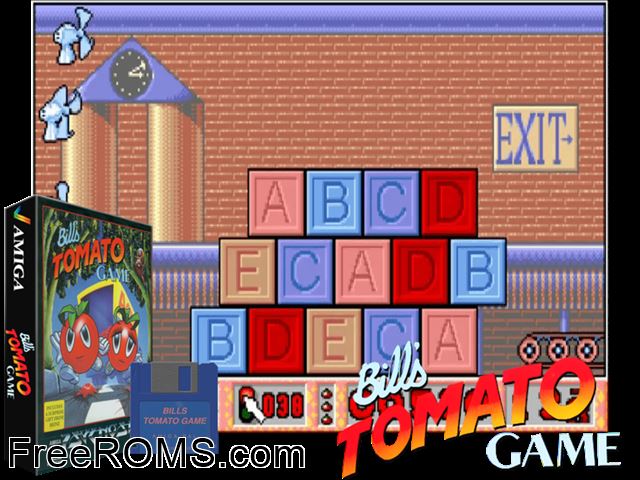 Bills Tomato Game Amiga game showing 3D box cover and gameplay screenshot
