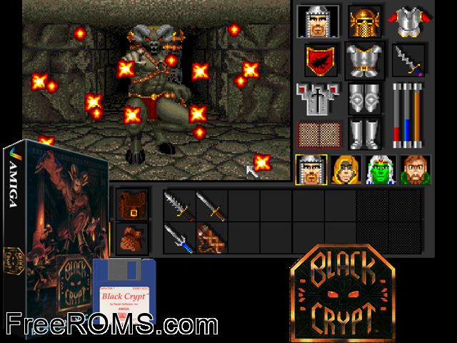 Black Crypt Amiga game showing 3D box cover and gameplay screenshot