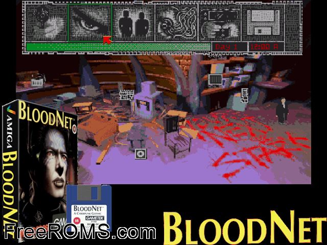 Bloodnet aga Amiga game showing 3D box cover and gameplay screenshot