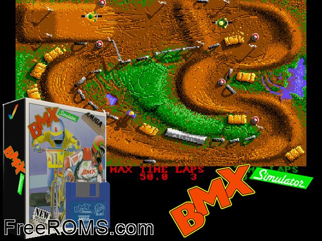 BMX Simulator Amiga game showing 3D box cover and gameplay screenshot
