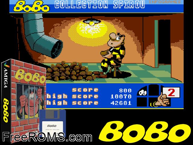 BOBO Amiga game showing 3D box cover and gameplay screenshot