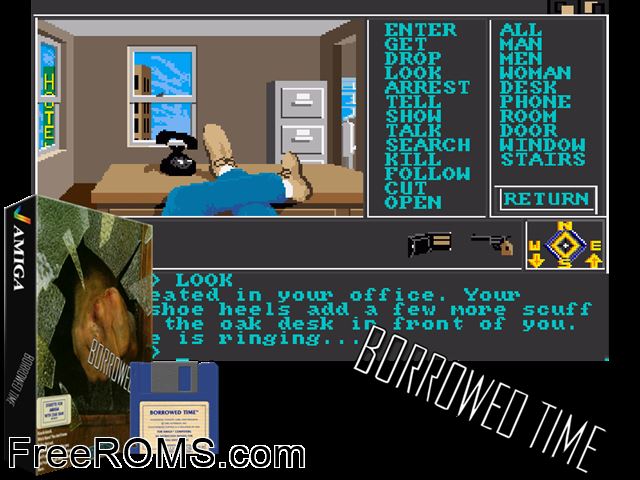 Borrowed Time Amiga game showing 3D box cover and gameplay screenshot