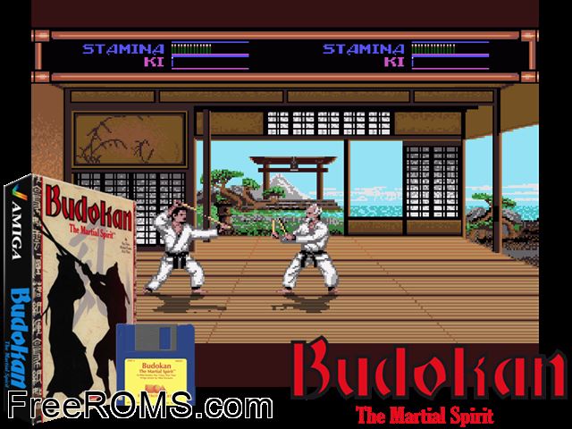 Budokan Amiga game showing 3D box cover and gameplay screenshot