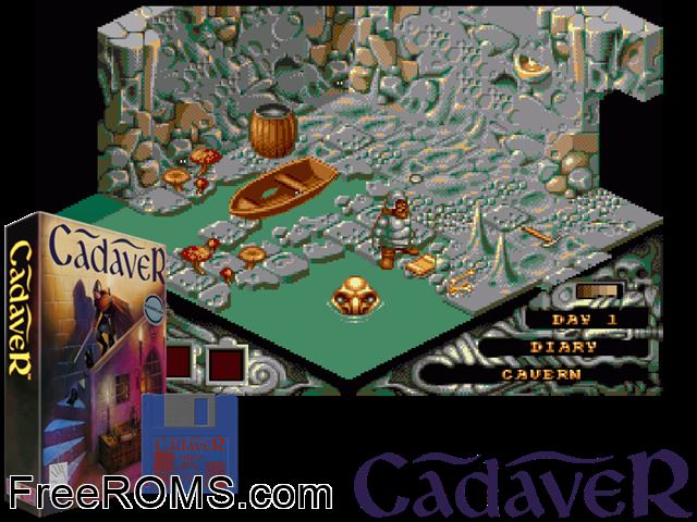 Cadaver Amiga game showing 3D box cover and gameplay screenshot