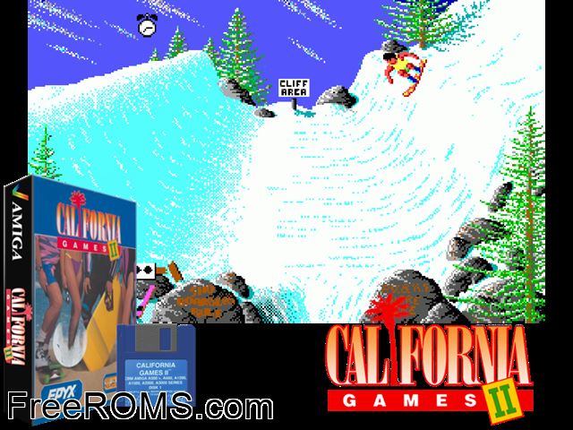 California Games 2 Amiga game showing 3D box cover and gameplay screenshot