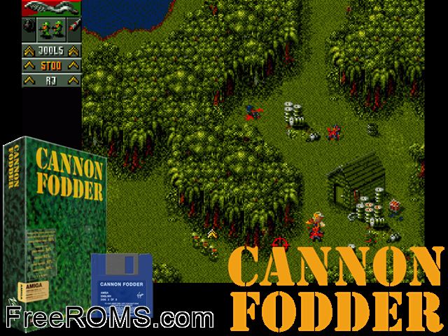 Cannon Fodder Amiga game showing 3D box cover and gameplay screenshot