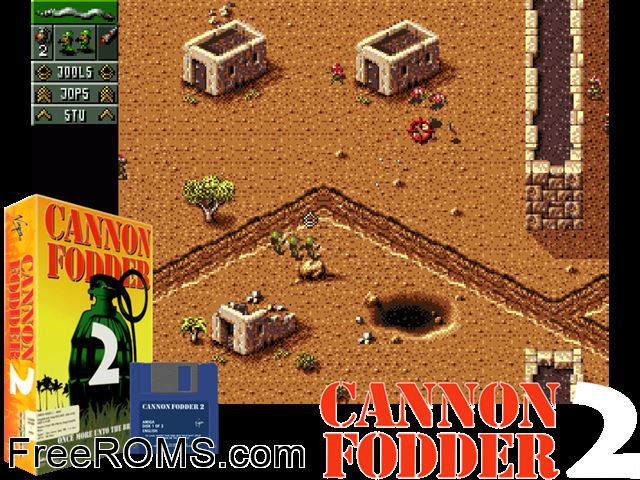 Cannon Fodder 2 Amiga game showing 3D box cover and gameplay screenshot