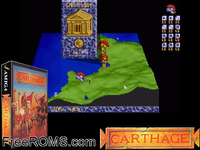 Carthage Amiga game showing 3D box cover and gameplay screenshot