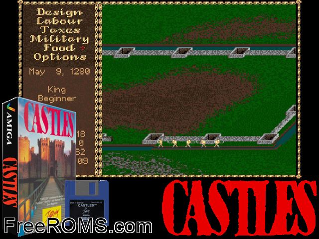 Castles Amiga game showing 3D box cover and gameplay screenshot