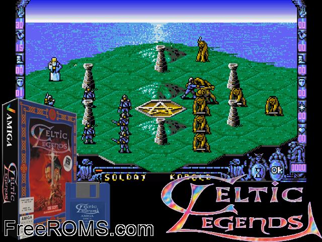 Celtic Legends Amiga game showing 3D box cover and gameplay screenshot