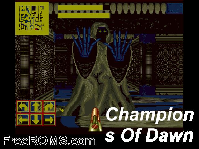 Champions of Dawn Amiga game showing 3D box cover and gameplay screenshot