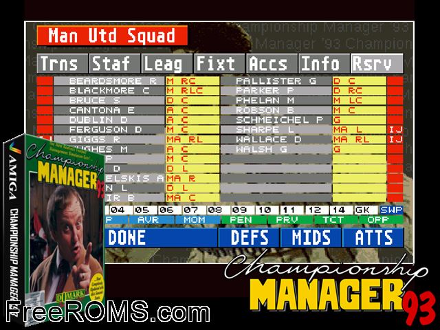 Championship Manager 93 Amiga game showing 3D box cover and gameplay screenshot