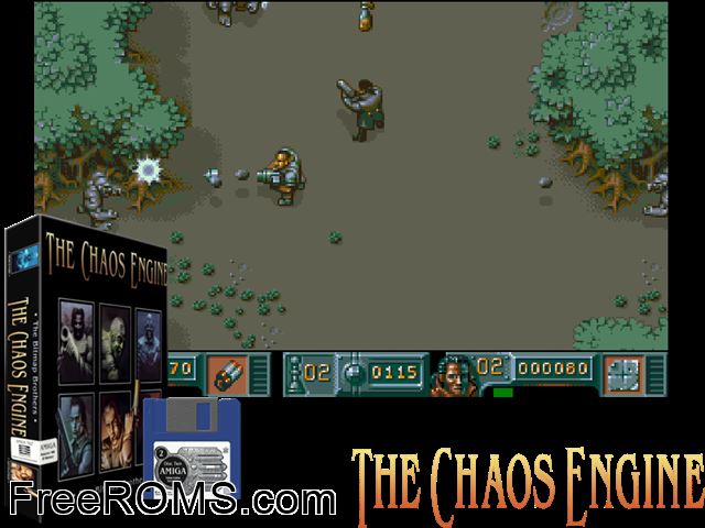 Chaos Engine Amiga game showing 3D box cover and gameplay screenshot