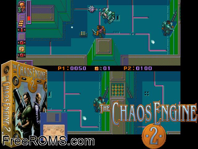 Chaos Engine 2 Amiga game showing 3D box cover and gameplay screenshot