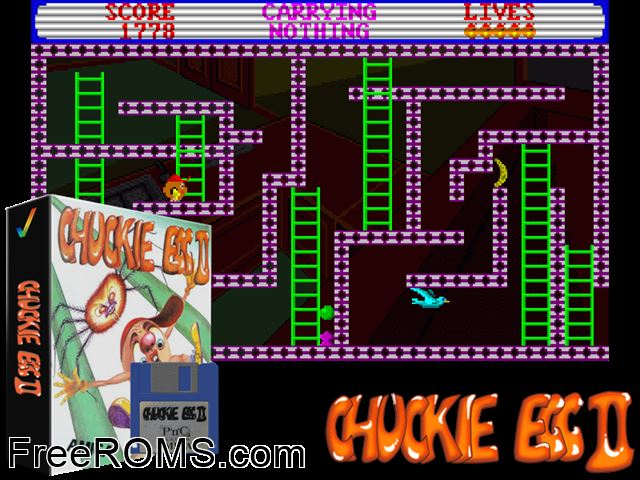 Chuckie Egg 2 Amiga game showing 3D box cover and gameplay screenshot