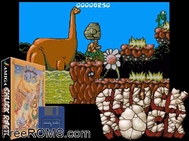 Chuckrock 2 Amiga game showing 3D box cover and gameplay screenshot