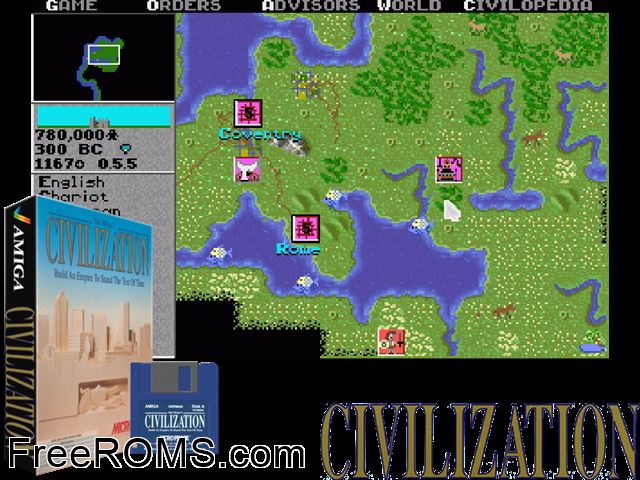 CIV Amiga game showing 3D box cover and gameplay screenshot