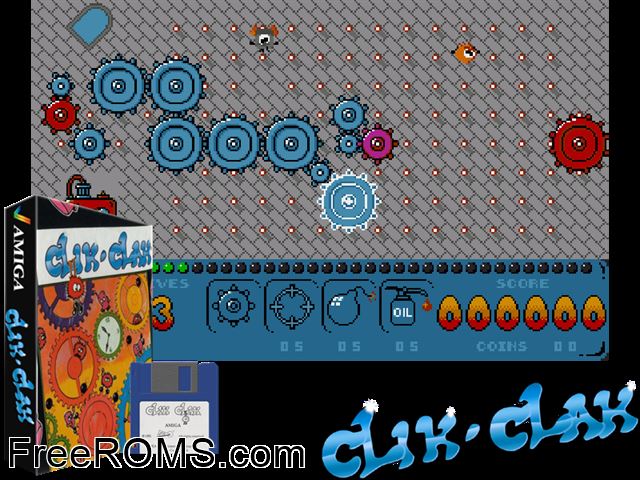 Clik Clak Amiga game showing 3D box cover and gameplay screenshot