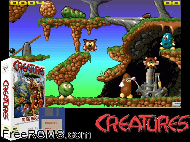 Creatures Amiga game showing 3D box cover and gameplay screenshot