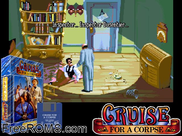 Cruise for a Corpse Amiga game showing 3D box cover and gameplay screenshot