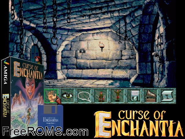 Curse of Enchantia Amiga game showing 3D box cover and gameplay screenshot
