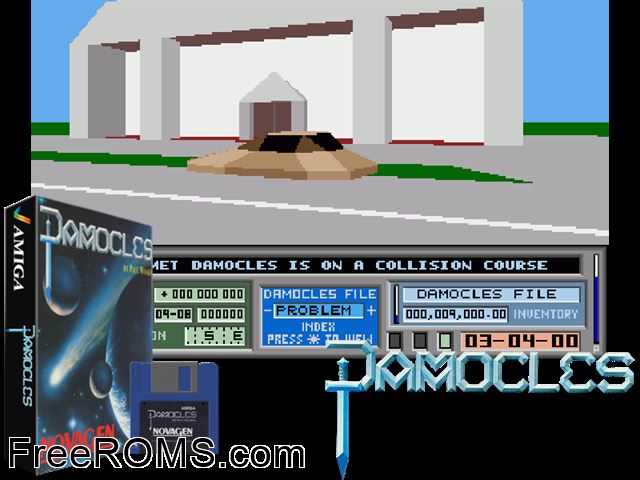 Damocles Amiga game showing 3D box cover and gameplay screenshot