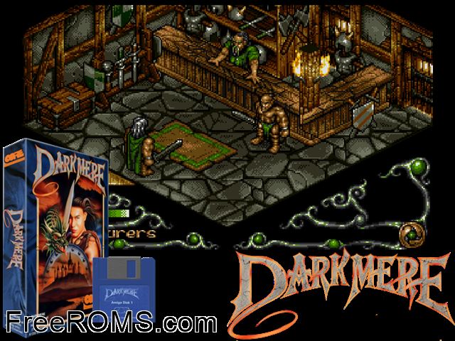 Dark Mere Amiga game showing 3D box cover and gameplay screenshot