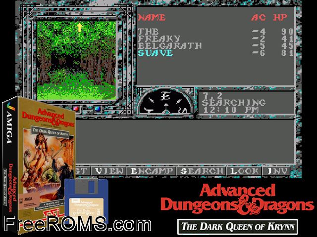 Dark Queen Krynn Amiga game showing 3D box cover and gameplay screenshot