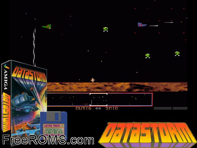 Data Storm Amiga game showing 3D box cover and gameplay screenshot