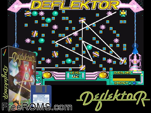 Deflektor Amiga game showing 3D box cover and gameplay screenshot