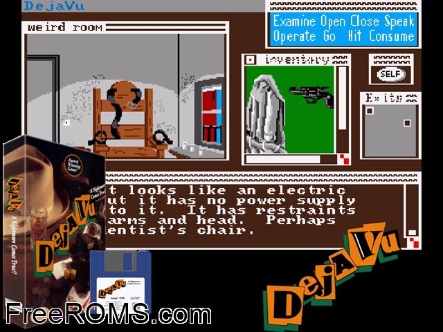 Deja Vu Amiga game showing 3D box cover and gameplay screenshot