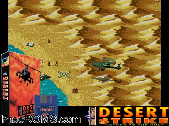 Desert Strike Amiga game showing 3D box cover and gameplay screenshot