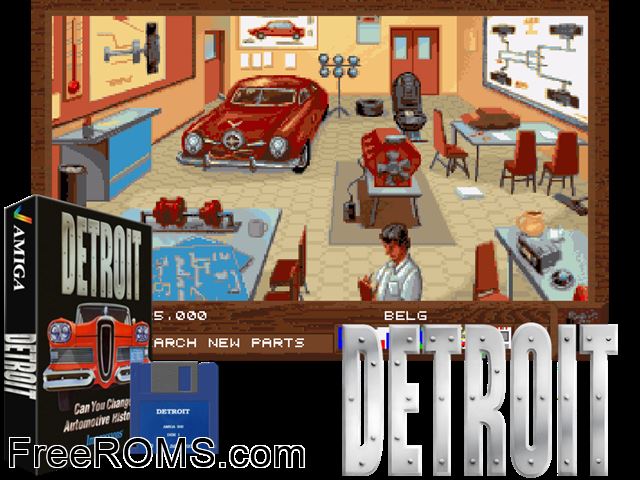 Detroit Amiga game showing 3D box cover and gameplay screenshot