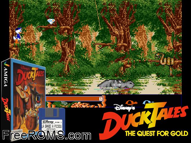 Duck Tales Amiga game showing 3D box cover and gameplay screenshot